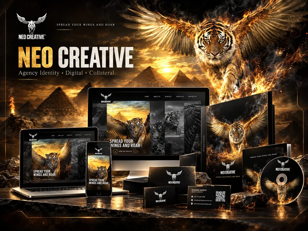NEO Creative showcase board: the winged tiger over pyramids with website, folder, cards and CD