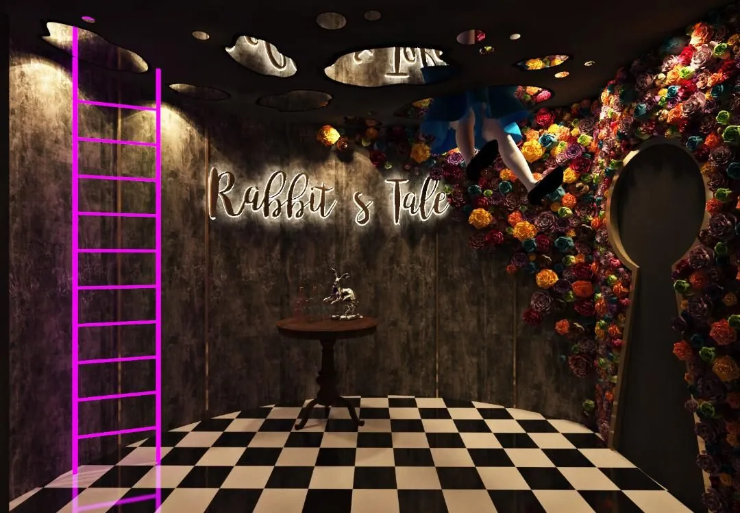 Rabbit's Tale concept render: neon ladder, flower wall, keyhole doorway and chequered floor