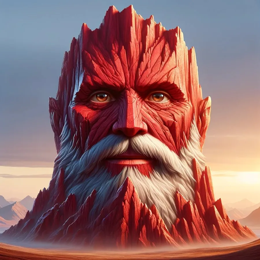 Red Rock World mascot: an elder's face carved from a red mountain, with a white beard, at dusk