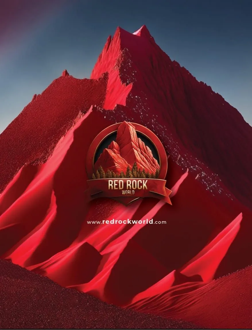 Red Rock World key visual: the badge logo set into a towering red mountain range
