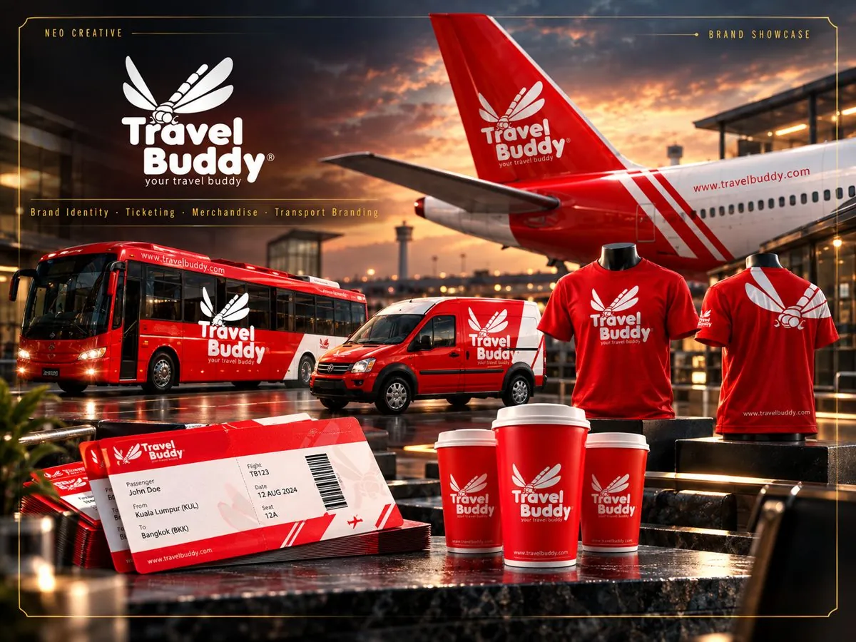 Travel Buddy showcase: aircraft, bus, van, apparel, cups and tickets