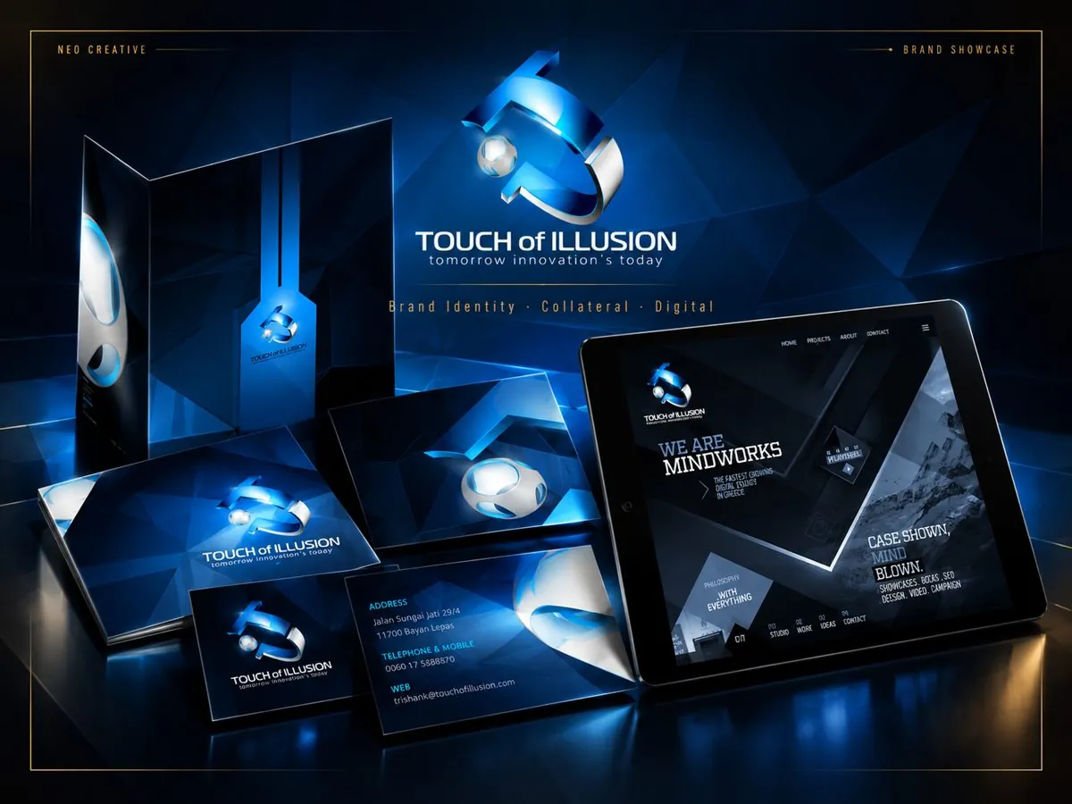 Touch of Illusion showcase: dimensional blue mark with folder, cards and tablet