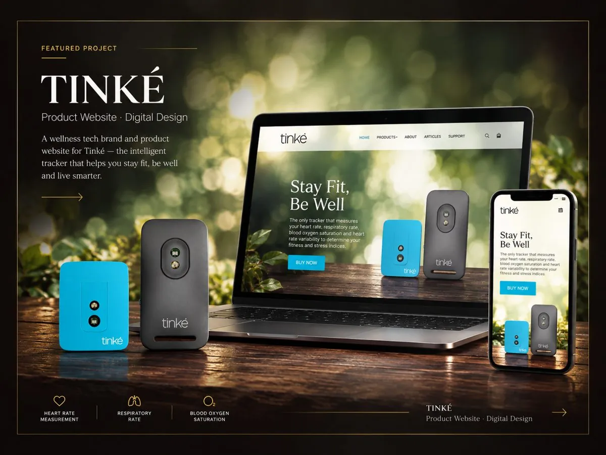 Tinké showcase: tracker devices with laptop and phone
